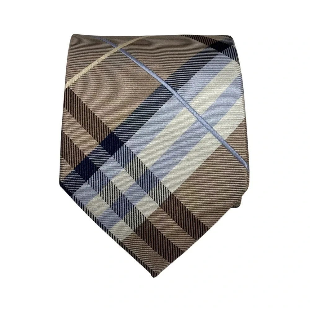 Geoffrey Beene Silk Tie Mens Tan Brown Blue‎ Plaid Ribbed Office Formal Preppy